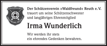 Traueranzeige von Irma Wunderlich von Frankenpost