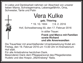 Traueranzeige von Vera Kulke von Frankenpost