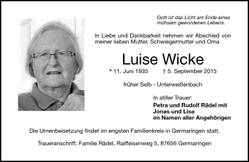 Traueranzeige von Luise Wicke von Frankenpost