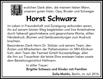 Traueranzeige von Horst Schwarz von Südthüringer Presse