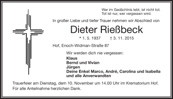 Traueranzeige von Dieter Rießbeck von Frankenpost