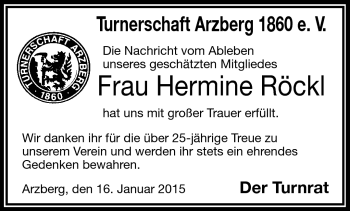Traueranzeige von Hermine Röckl von Frankenpost