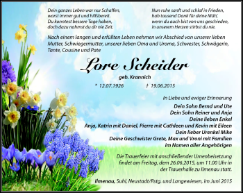 Traueranzeige von Lore Scheider von Südthüringer Presse