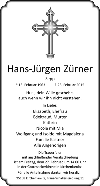 Traueranzeige von Hans-Jürgen Zürner von Frankenpost