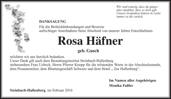 Traueranzeige von Rosa Häfner von Südthüringer Presse