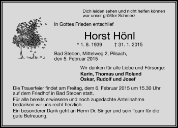 Traueranzeige von Horst Hönl von Frankenpost