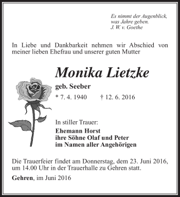 Traueranzeige von Monika Lietzke von Südthüringer Presse