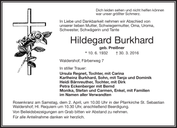 Traueranzeige von Hildegard Burkhard von Frankenpost