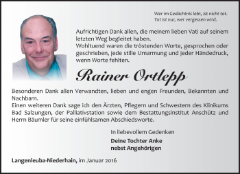 Traueranzeige von Rainer Ortlepp von Südthüringer Presse