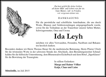 Traueranzeige von Ida Leyh von Südthüringer Presse