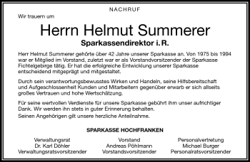 Traueranzeige von Helmut Summerer von Frankenpost