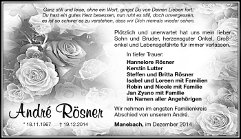 Traueranzeige von André Rösner von Südthüringer Presse