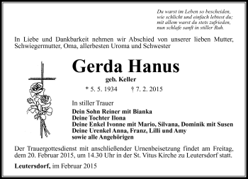 Traueranzeige von Gerda Hanus von Südthüringer Presse
