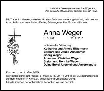 Traueranzeige von Anna Weger von Neue Presse Coburg