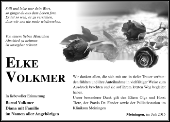 Traueranzeige von Elke Volkmer von Südthüringer Presse