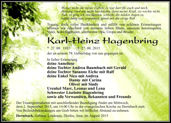 Traueranzeige von Karl-Heinz Hagenbring von Südthüringer Presse