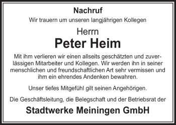 Traueranzeige von Peter Heim von Südthüringer Presse