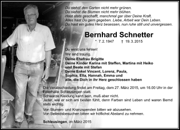 Traueranzeige von Bernhard Schnetter von Südthüringer Presse