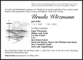 Traueranzeige von Ursula Witzmann von Südthüringer Presse