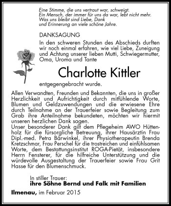 Traueranzeige von Charlotte Kittler von Südthüringer Presse