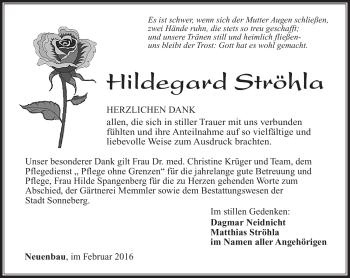 Traueranzeige von Hildegard Ströhla von Südthüringer Presse