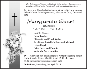 Traueranzeige von Margarete Ebert von Südthüringer Presse