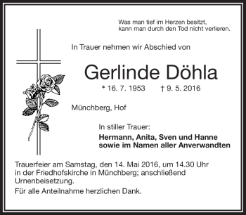 Traueranzeige von Gerlinde Döhla von Frankenpost