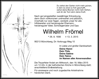 Traueranzeige von Wilhelm Frömel von Frankenpost