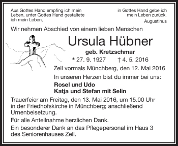 Traueranzeige von Ursula Hübner von Frankenpost