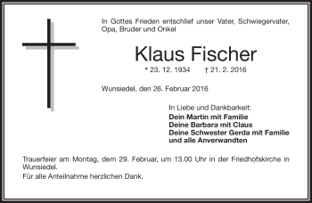 Traueranzeige von Klaus Fischer von Frankenpost