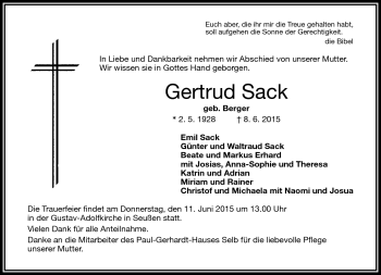 Traueranzeige von Gertrud Sack von Frankenpost