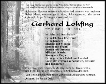 Traueranzeige von Gerhard Lohfing von Südthüringer Presse