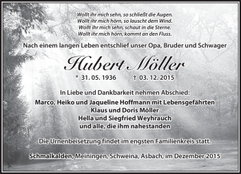Traueranzeige von Hubert Möller von Südthüringer Presse