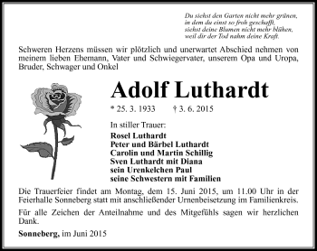 Traueranzeige von Adolf Luthardt von Südthüringer Presse
