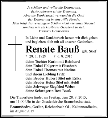 Traueranzeige von Renate Bauß von Südthüringer Presse