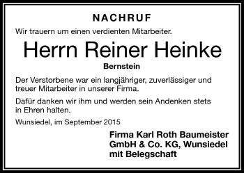 Traueranzeige von Reiner Heinke von Frankenpost
