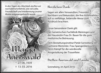 Traueranzeige von Marga Auerswald von Südthüringer Presse