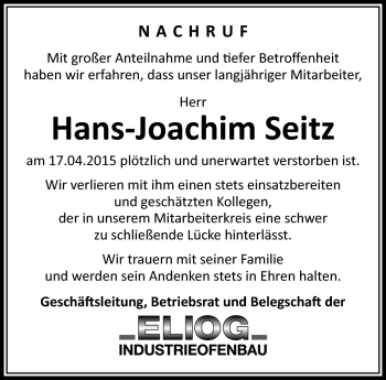 Traueranzeige von Hans Joachim Seitz von Südthüringer Presse