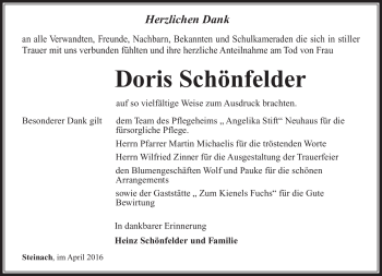 Traueranzeige von Doris Schönfelder von Südthüringer Presse