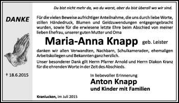 Traueranzeige von Maria-Anna Knapp von Südthüringer Presse