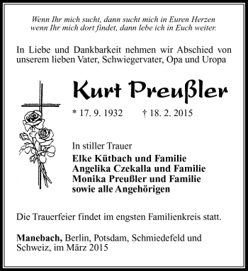 Traueranzeige von Kurt Preußler von Südthüringer Presse