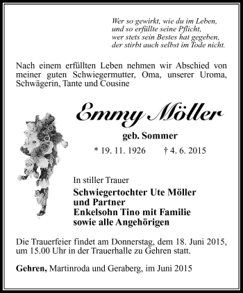 Traueranzeige von Emmy Möller von Südthüringer Presse