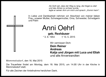 Traueranzeige von Anni Oehrl von Neue Presse Coburg