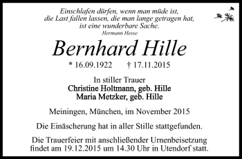 Traueranzeige von Bernhard Hille von Südthüringer Presse