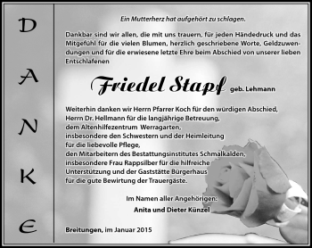 Traueranzeige von Frieda Stapf von Südthüringer Presse