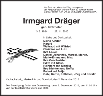 Traueranzeige von Irmgard Dräger von Südthüringer Presse