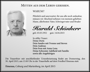 Traueranzeige von Harald Schönherr von Südthüringer Presse