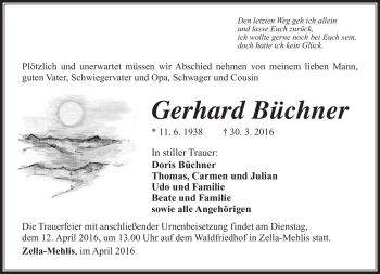 Traueranzeige von Gerhard Büchner von Südthüringer Presse