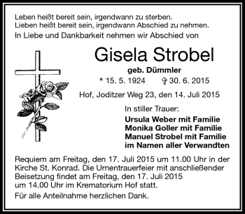 Traueranzeige von Gisela Strobel von Frankenpost