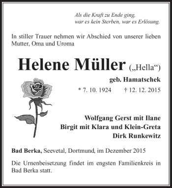 Traueranzeige von Helene Müller von Südthüringer Presse